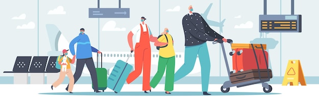 Viagem em família com crianças. pais e filhos no aeroporto empurrando carrinho com bagagem. personagens de pai, mãe, filha e filho em máscaras viajando, férias de verão. ilustração em vetor desenho animado