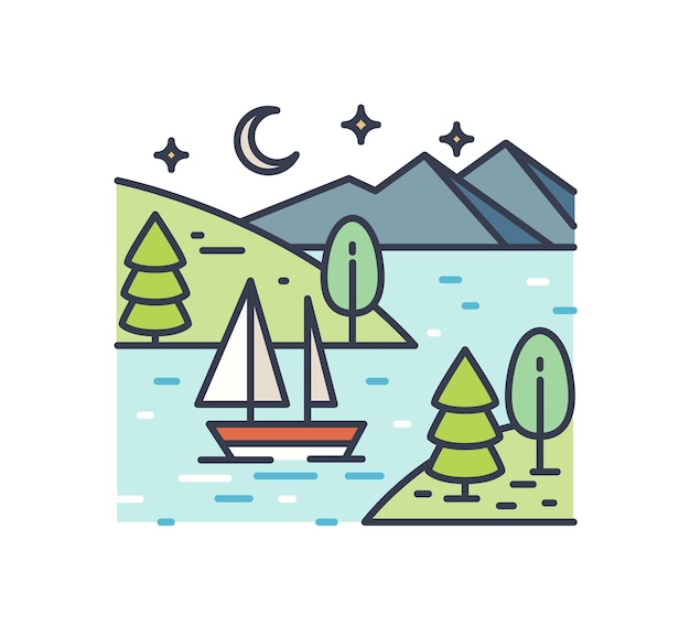 Viagem romântica ao lago na ilustração de arte de linha de noite estrelada. cenário de contorno colorido com um barco navegando no rio perto das montanhas. paisagem pitoresca de vetor isolada no fundo branco.