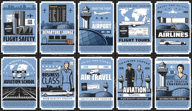 Viagens aéreas de aviação e cartazes vetoriais de aeroporto