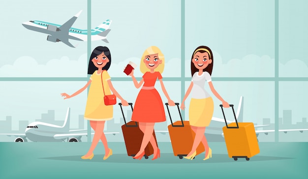 Vetor viagens aéreas para países quentes. três mulheres felizes amigos com bagagem no aeroporto estão saindo de férias.