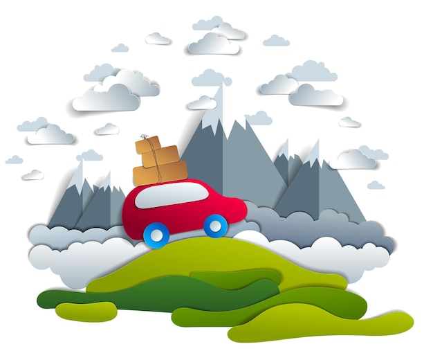 Viagens de carro e turismo, minivan vermelha com bagagem andando fora da estrada com picos de montanha no fundo, nuvens no céu, ilustração vetorial de corte de papel de automóvel na paisagem cênica da natureza.