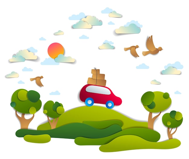 Viagens de carro e turismo, minivan vermelha com bagagem andando fora da estrada em prados verdes entre árvores, pássaros e nuvens no céu, ilustração vetorial de corte de papel de automóvel na paisagem cênica da natureza.