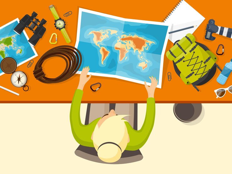 Vetor viagens e turismo estilo plano mundo mapa da terra e globo viagem viagem viagem férias de verão viajar