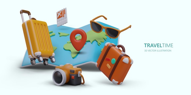 Vetor viagens e voos ao exterior viagens de férias e negócios reserva de passagens para rota com e sem transferências banner vetorial colorido com ilustração 3d mapa do mundo e acessórios de viagem