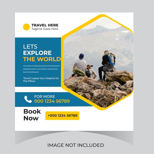 Viagens, passeios, aventuras, férias, design de postagens de mídia social e modelo de web e design de panfletos quadrados