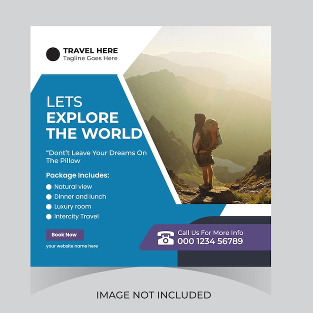 Viagens, passeios, aventuras, férias, design de postagens de mídia social e modelo de web e design de panfletos quadrados