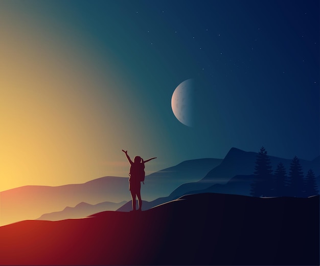 Viajante com mochila apreciando a ilustração vetorial do pôr do sol