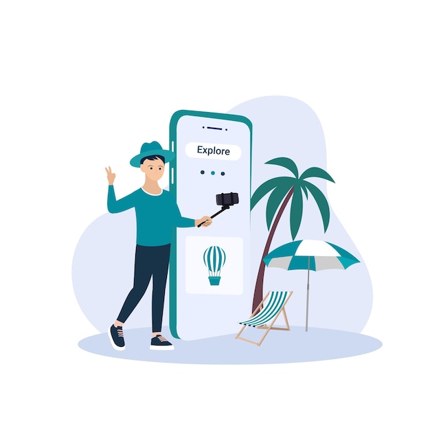 Vetor viajante com telefone celular e reserva ou ilustração de turismo