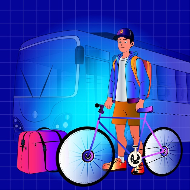 Viajante com uma bicicleta e uma mochila esperando um ônibus