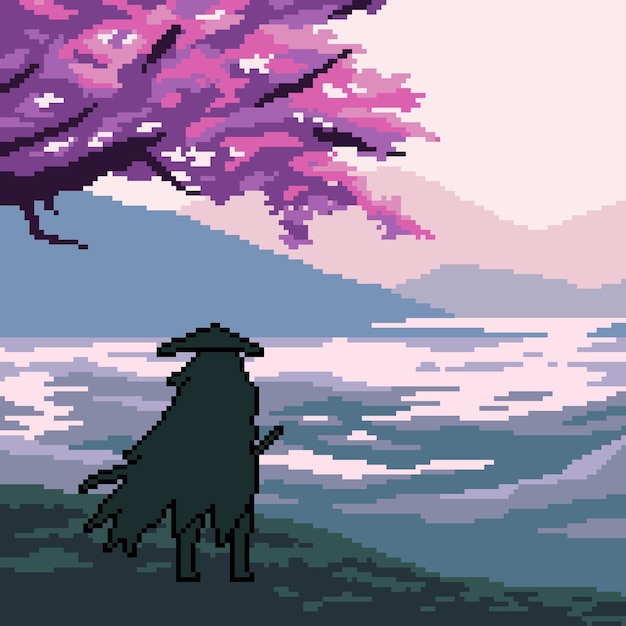 Viajante de samurai com cenas de pixel art