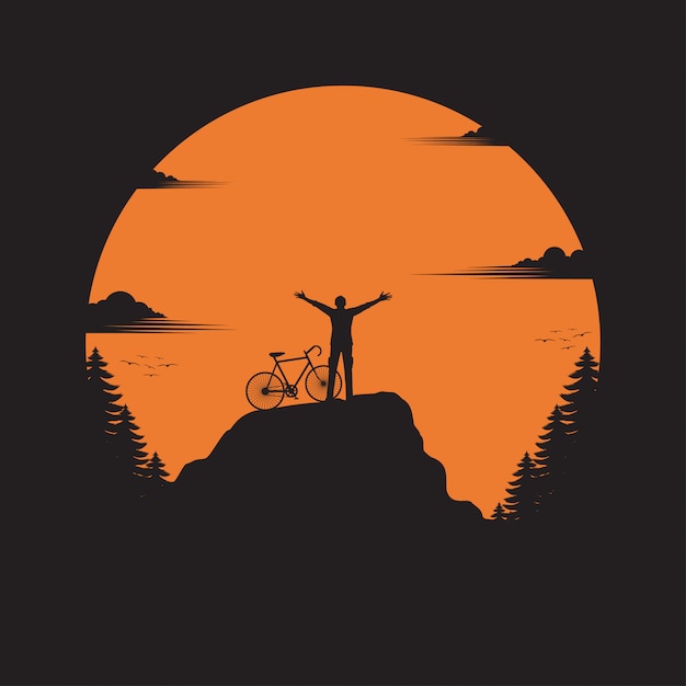 Viajante e bicicleta em pé no vale