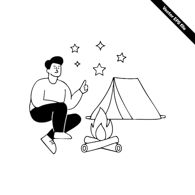 Viajante sozinho sentado em torno de uma fogueira sob as estrelas