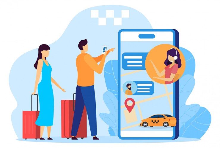 Vetor viajantes com bagagem chamando táxi, conceito de aplicativo de telefone móvel, ilustração de pessoas