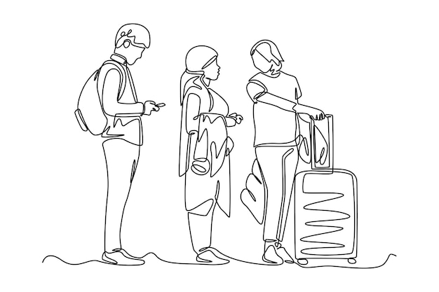 Viajantes contínuos de desenho de uma linha na fila para fazer check-in no aeroporto conceito de atividades do aeroporto desenho de desenho de linha única ilustração gráfica vetorial