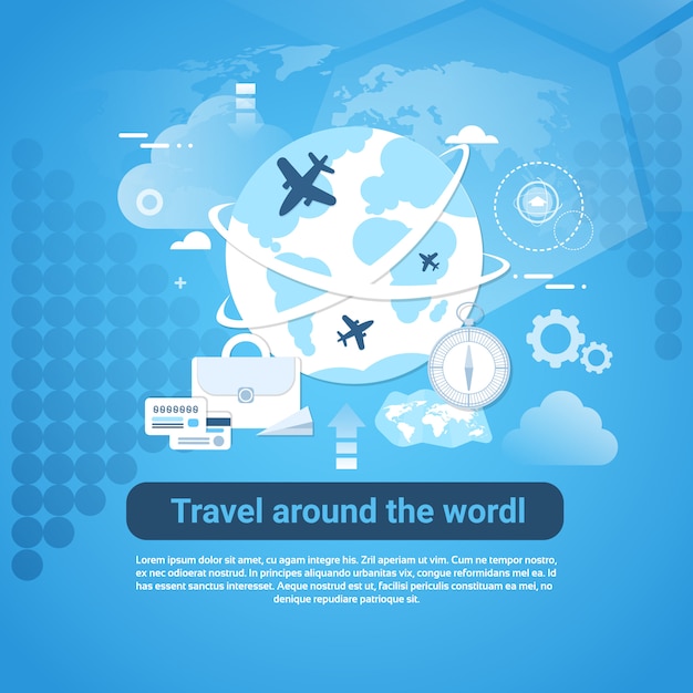 Viajar ao redor do mundo web banner com cópia espaço no fundo azul