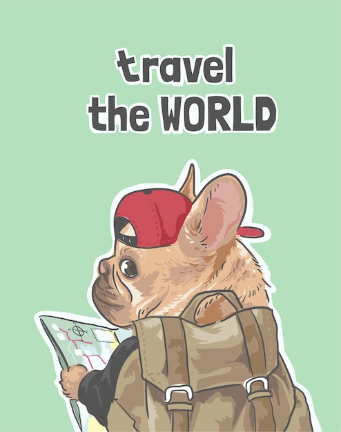 Vetor viajar o slogan do mundo com ilustração de cachorro e mochila