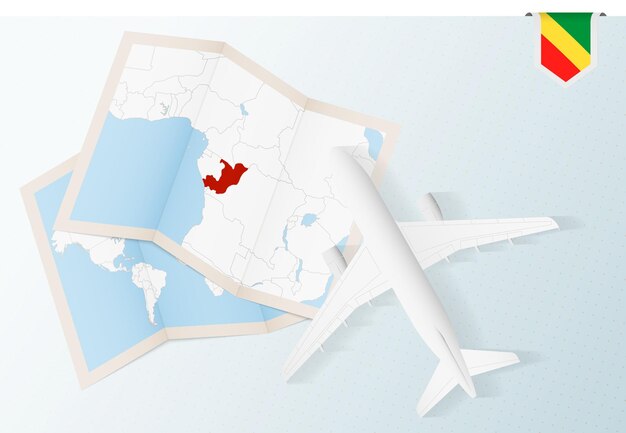 Viajar para o Congo, avião de vista superior com mapa e bandeira do Congo.