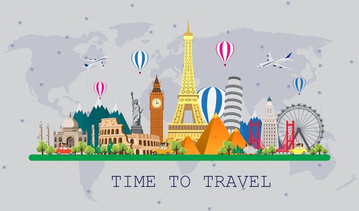 Vetor viajar para o mundo. viagem. grande conjunto de monumentos famosos do mundo. hora de viajar, turismo, férias de verão.