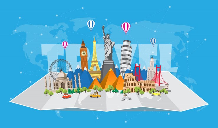 Vetor viajar para o mundo. viagem. grande conjunto de monumentos famosos do mundo. hora de viajar, turismo, férias de verão.