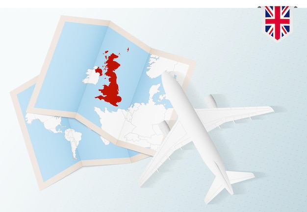 Viajar para o Reino Unido, avião com vista superior e mapa e bandeira do Reino Unido.