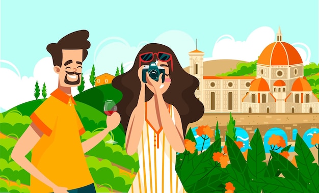 Viajar para o turismo na itália de férias ou estudar ilustração vetorial italiana do povo italiano e marcos italianos de roma