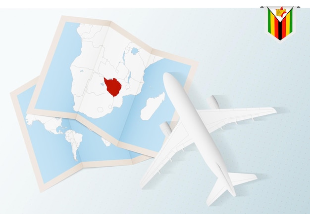 Viajar para o Zimbábue, vista superior do avião com o mapa e a bandeira do Zimbábue.