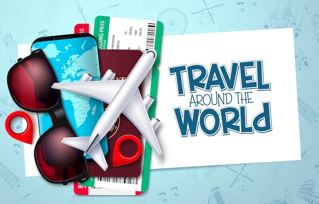 Viaje ao redor do design de modelo vetorial do mundo. Texto de viagem no espaço vazio com elementos de viajante