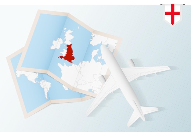 Viaje para a Inglaterra com vista superior de avião com mapa e bandeira da Inglaterra