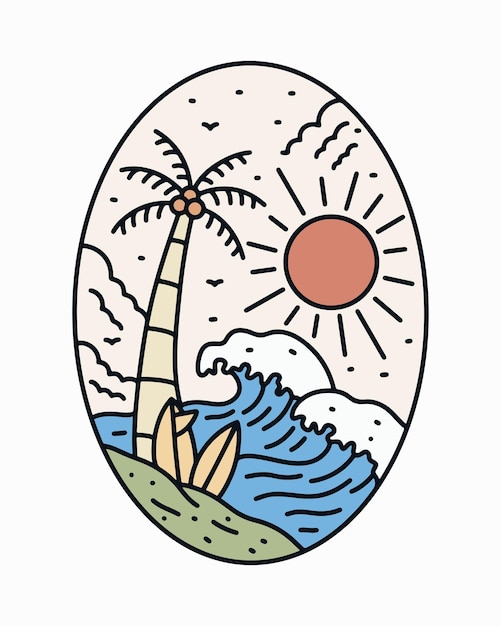 Vibrações de verão tema as ondas e o coco na ilustração de camiseta vetorial de praia