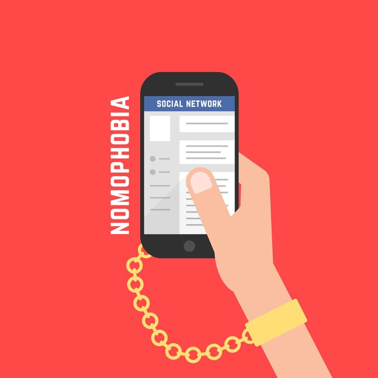 Vetor vício de gadget com celular. conceito de dependência, vínculo, metáfora obcecada, passatempo, risco, dispositivo, prisão, crime, bate-papo. estilo plano tendência design gráfico de logotipo moderno em fundo vermelho