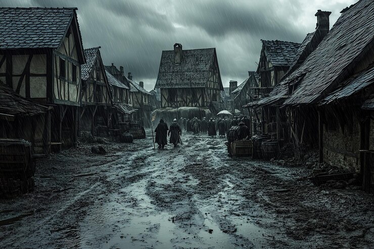 Vetor vida de aldeia medieval uma cena cinematográfica de charme rústico e existência diária homens velhos telhado de madeira