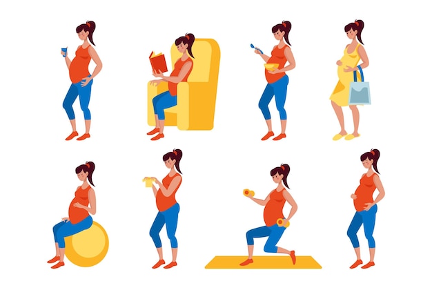 Vida diária do conjunto de ilustrações vetoriais de mulher grávida dos desenhos animados. personagem feminina feliz comendo, fazendo exercícios, futura mãe sentada e lendo sobre fundo branco. gravidez, conceito de maternidade