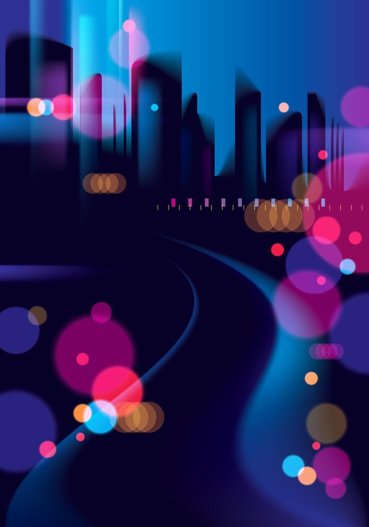 Vetor vida noturna da cidade com lâmpadas de rua e luzes desfocadas bokeh. fundo bonito do vetor do efeito. desfocar o fundo escuro colorido com paisagem urbana, skyline de silhuetas de edifícios.