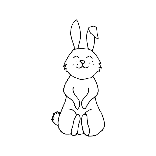 Vida selvagem floresta animal lebre sentado coelho coelhinho logotipo da Páscoa ilustração vetorial desenhada à mão doodle