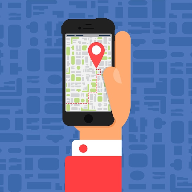 Vida social com smartphone. Mapa eletrônico no smartphone na mão em estilo plano minimalista. Vetor