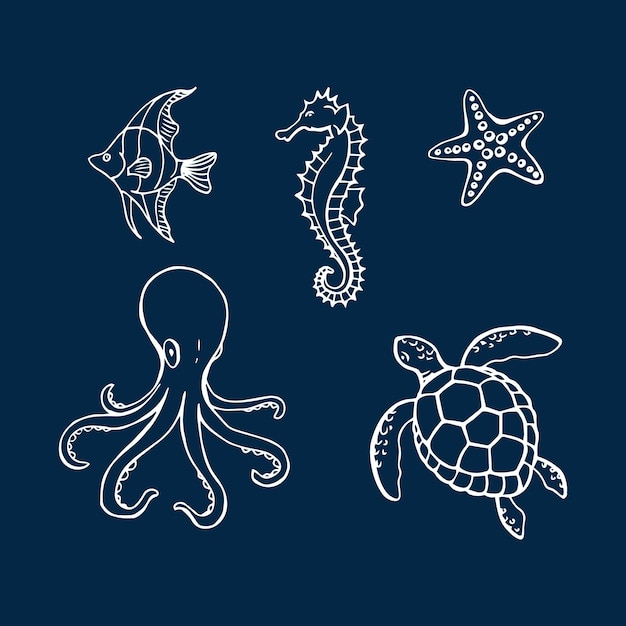 Vida subaquática do mar ou do oceano com diferentes animais Ilustração desenhada à mão convertida em vetor