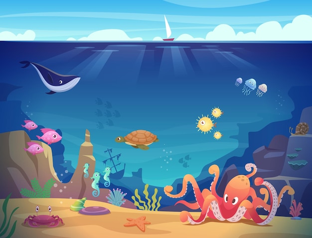 Vida subaquática Fundo com criatura oceânica com tentáculos modelo de desenho animado vetorial exato