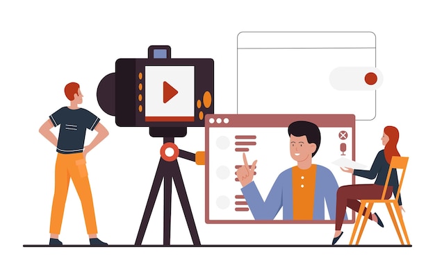 Vídeo blogueiros trabalho em equipe para gravar vídeo para canal em mídias sociais pessoas fazem vlog