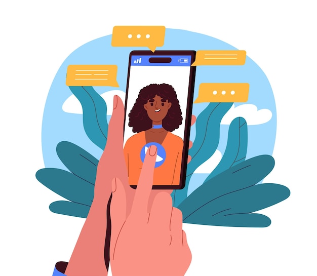 Vídeo chat com mulher jovem garota na tela do smartphone comunicação em redes sociais e instantânea
