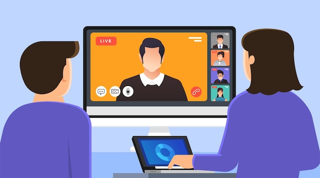 Vídeo-conferência do conceito de design plano de ilustrações. formulário de trabalho de reunião online para casa. Chamada e vídeo ao vivo.