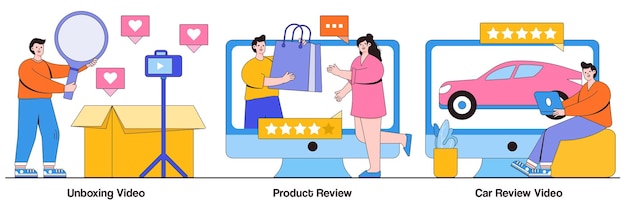 Vídeo de desempacotamento, conceito de avaliação de produto e carro com pessoas minúsculas. Conjunto de ilustração vetorial de conteúdo de vídeo. Monetização de blog, test-drive online, visão geral de recursos, serviço de classificação, metáfora de publicidade.