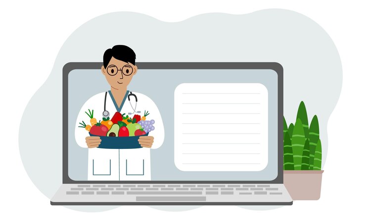 Vetor vídeo online ou consulta de um médico masculino em um laptop dietista nutricionista