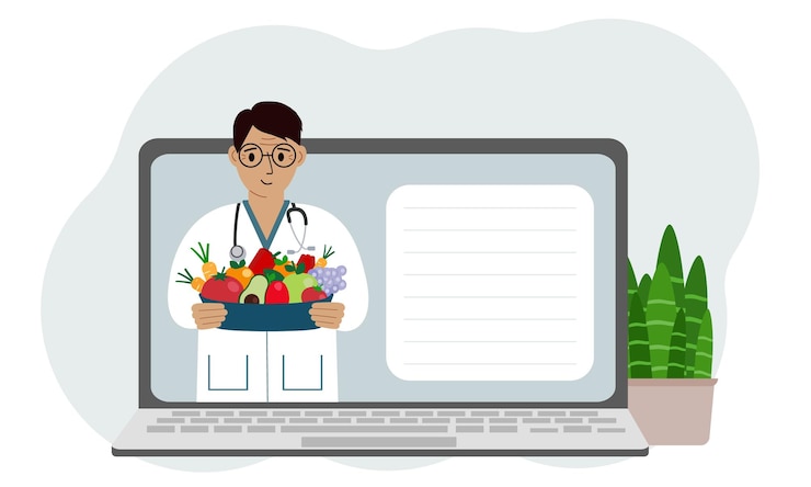 Vetor vídeo online ou consulta de um médico masculino em um laptop dietista nutricionista