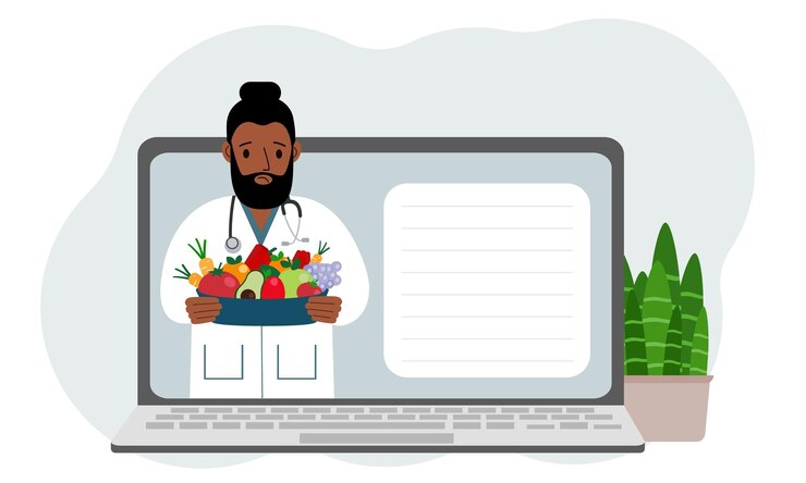 Vetor vídeo online ou consulta de um médico masculino em um laptop dietista nutricionista