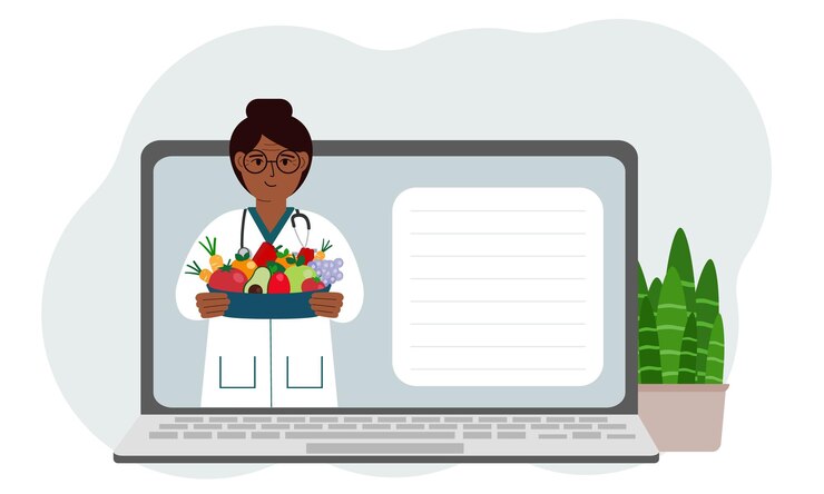 Vetor vídeo online ou consulta de uma médica em um laptop dietista nutricionista
