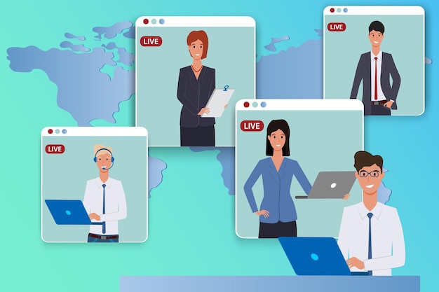 Videoconferência onlinetrabalho em equipe entre os homens de negócios e mulheres de negócios