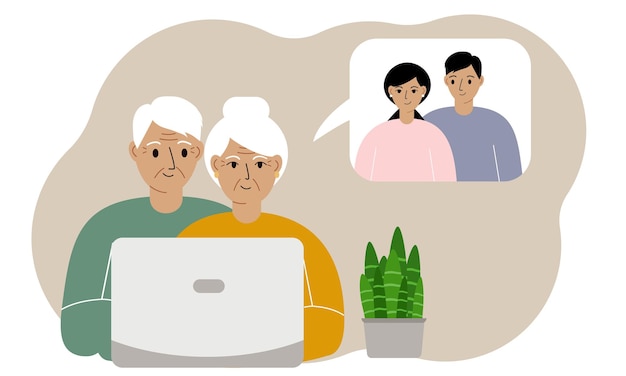 Videoconferência remota para família ou chamadas em conferência. Bate-papo online ou reunião com parentes. Os pais se comunicam com os filhos por videochamada. Ilustração vetorial