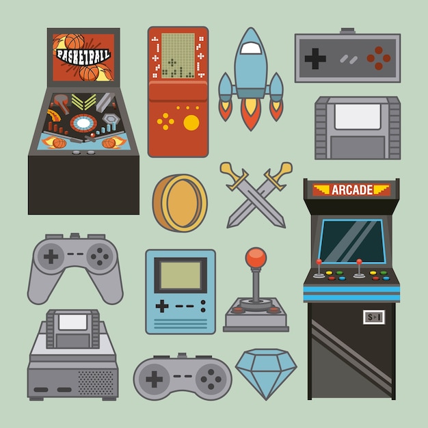 Vetor videogames clássicos e ícones de entretenimento para console