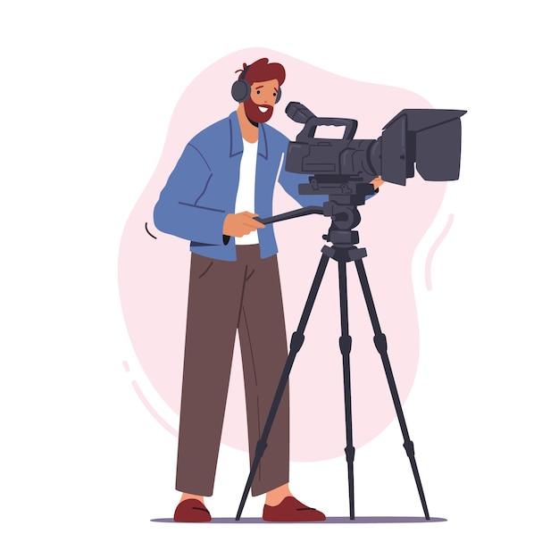 Vetor videógrafo profissional personagem masculino grava vídeo ou filme na câmera