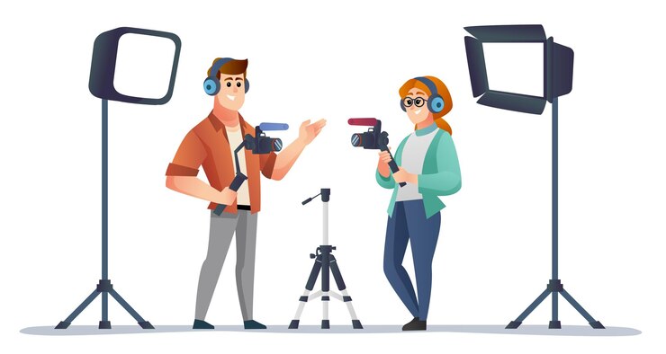 Videomaker profissional masculino e feminino segurando o estabilizador da câmera na ilustração do estúdio